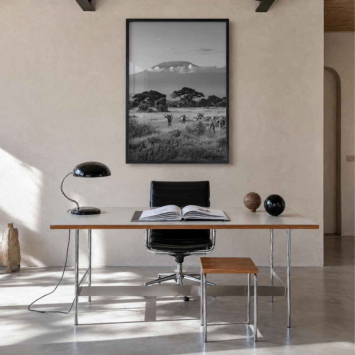 Kenya black & white photo poster of Africa – vertical wall art in black wood frame, hanging on wall