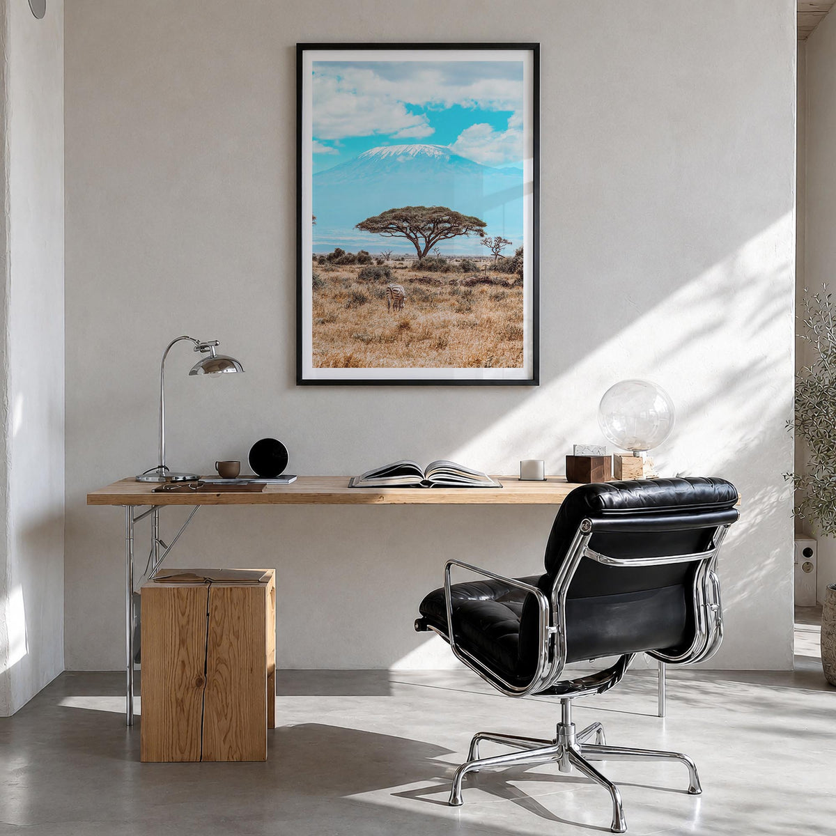 Kenya colorful photo poster of Africa – vertical wall art in black wood frame with white border, hanging on wall