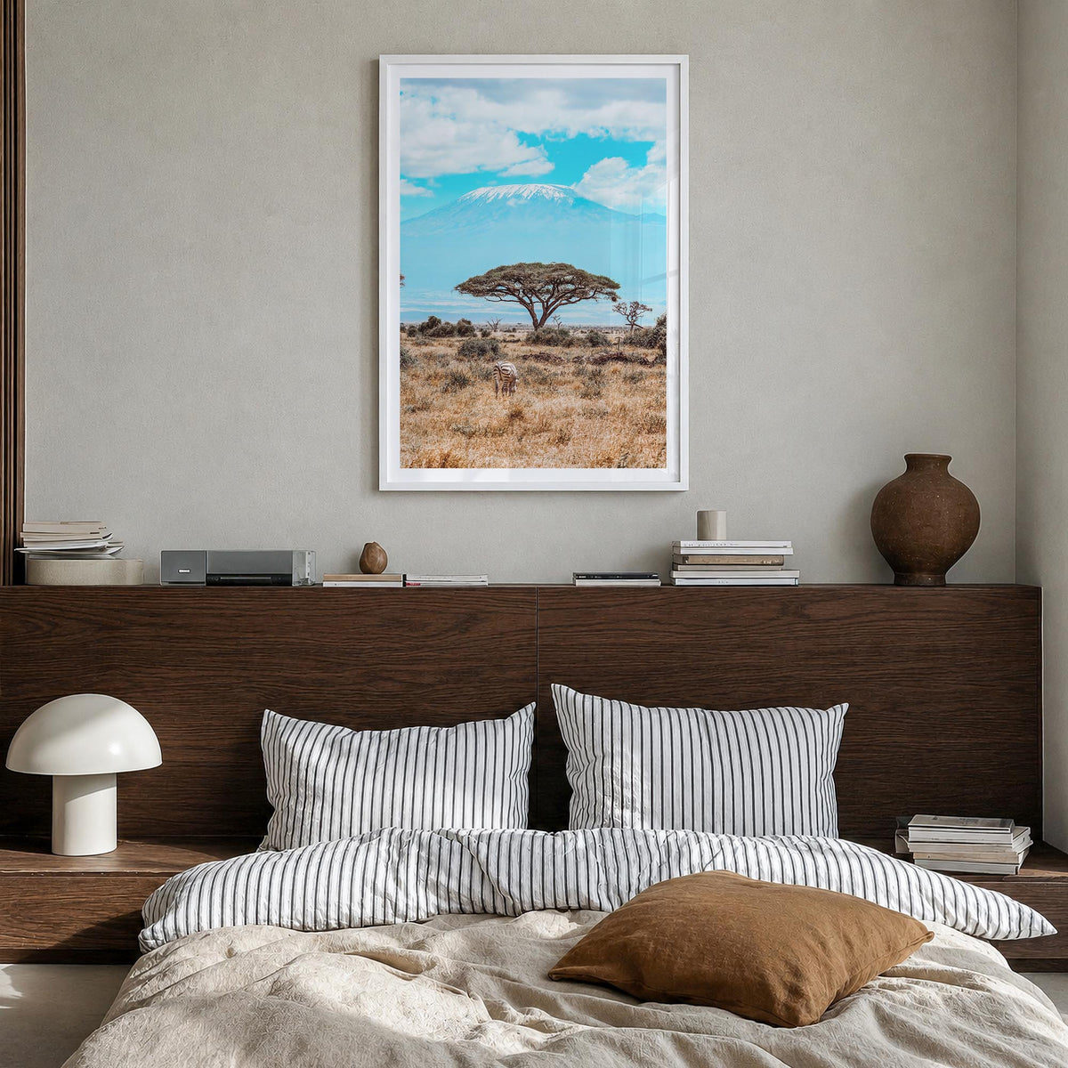 Kenya colorful photo poster of Africa – vertical wall art in white wood frame with white border, hanging on wall