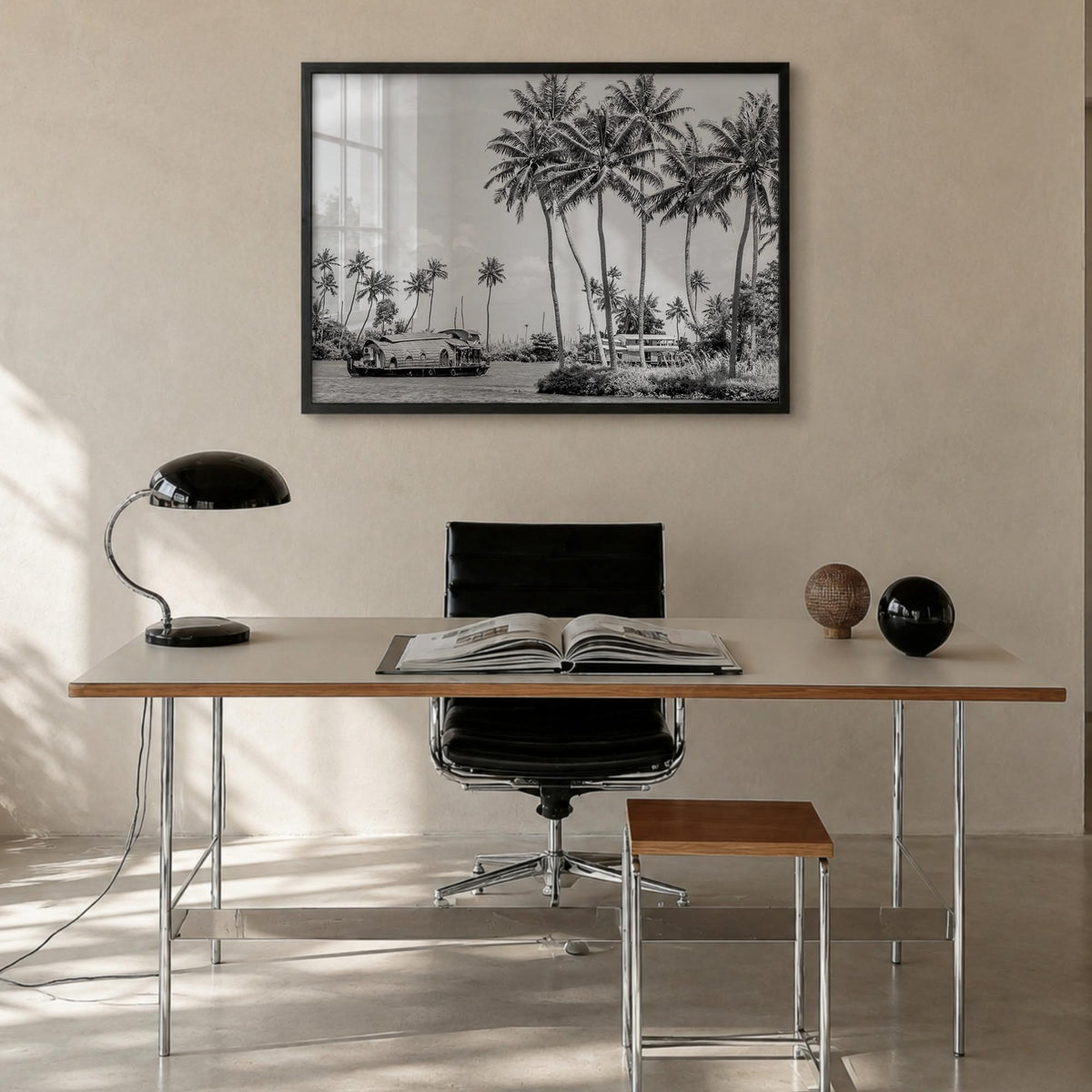 Kerala black & white photo poster of India – horizontal wall art in black wood frame, hanging on wall