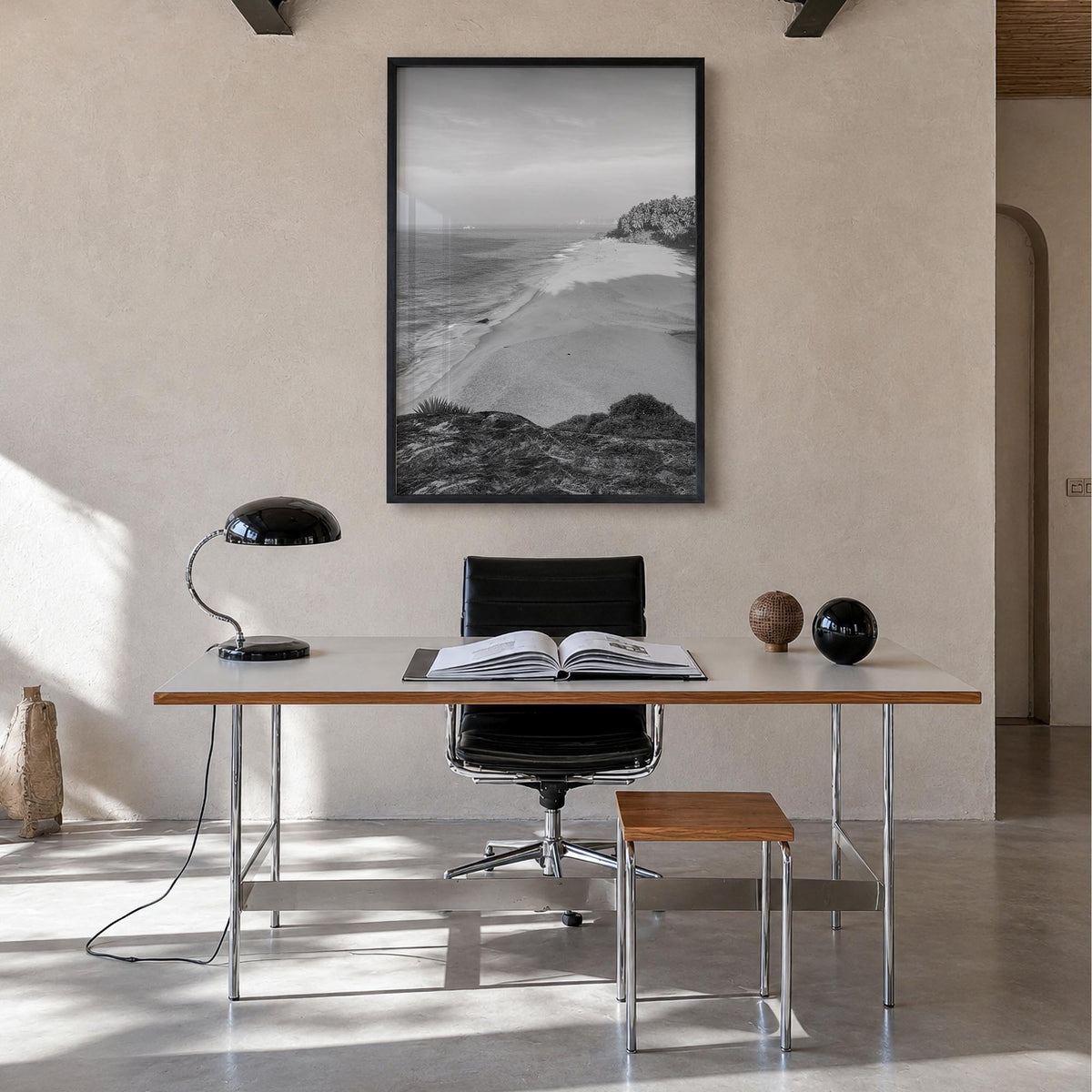 Kerala black & white photo poster of India – vertical wall art in black wood frame, hanging on wall