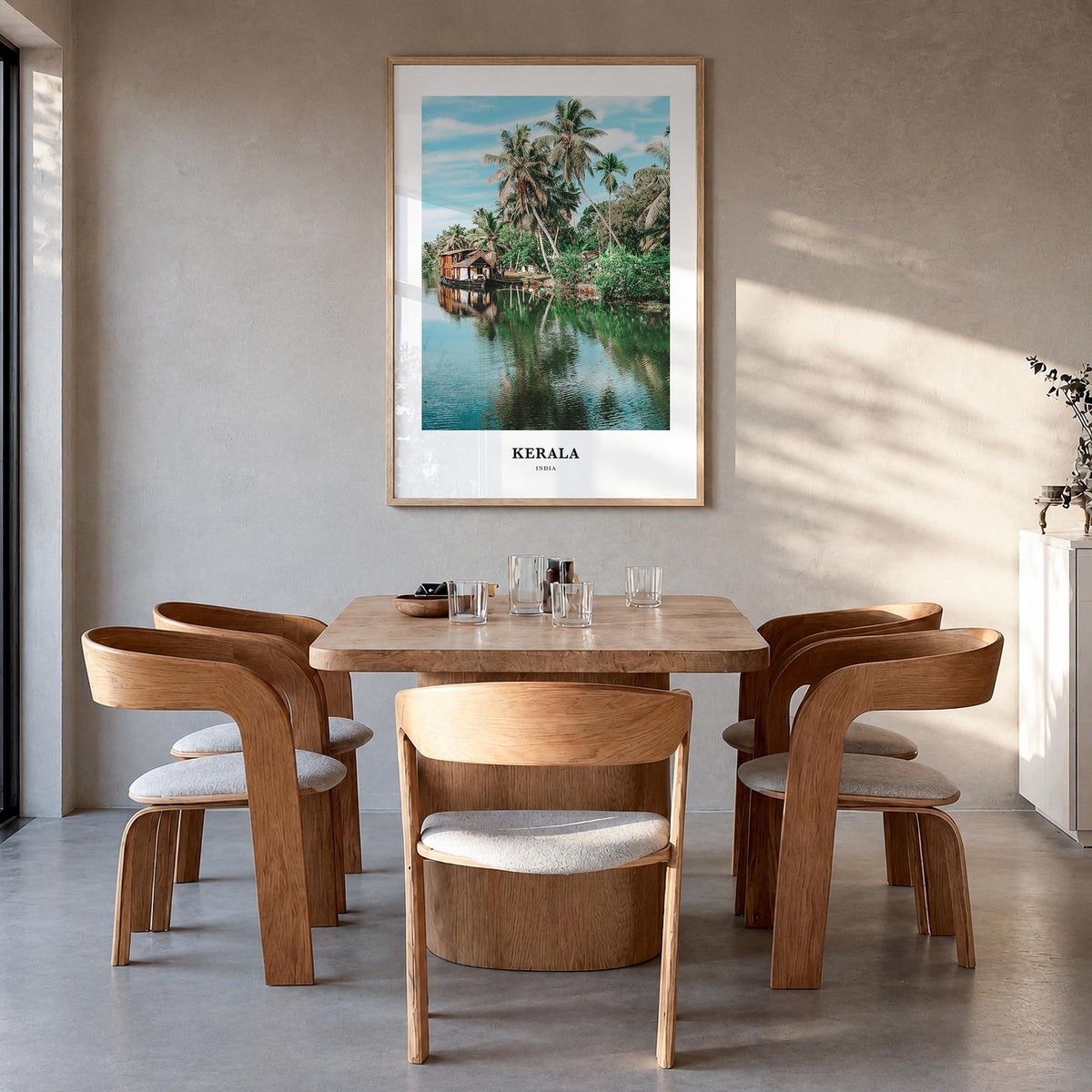 Kerala colorful classic poster of India – vertical wall art in natural wood frame, hanging on wall