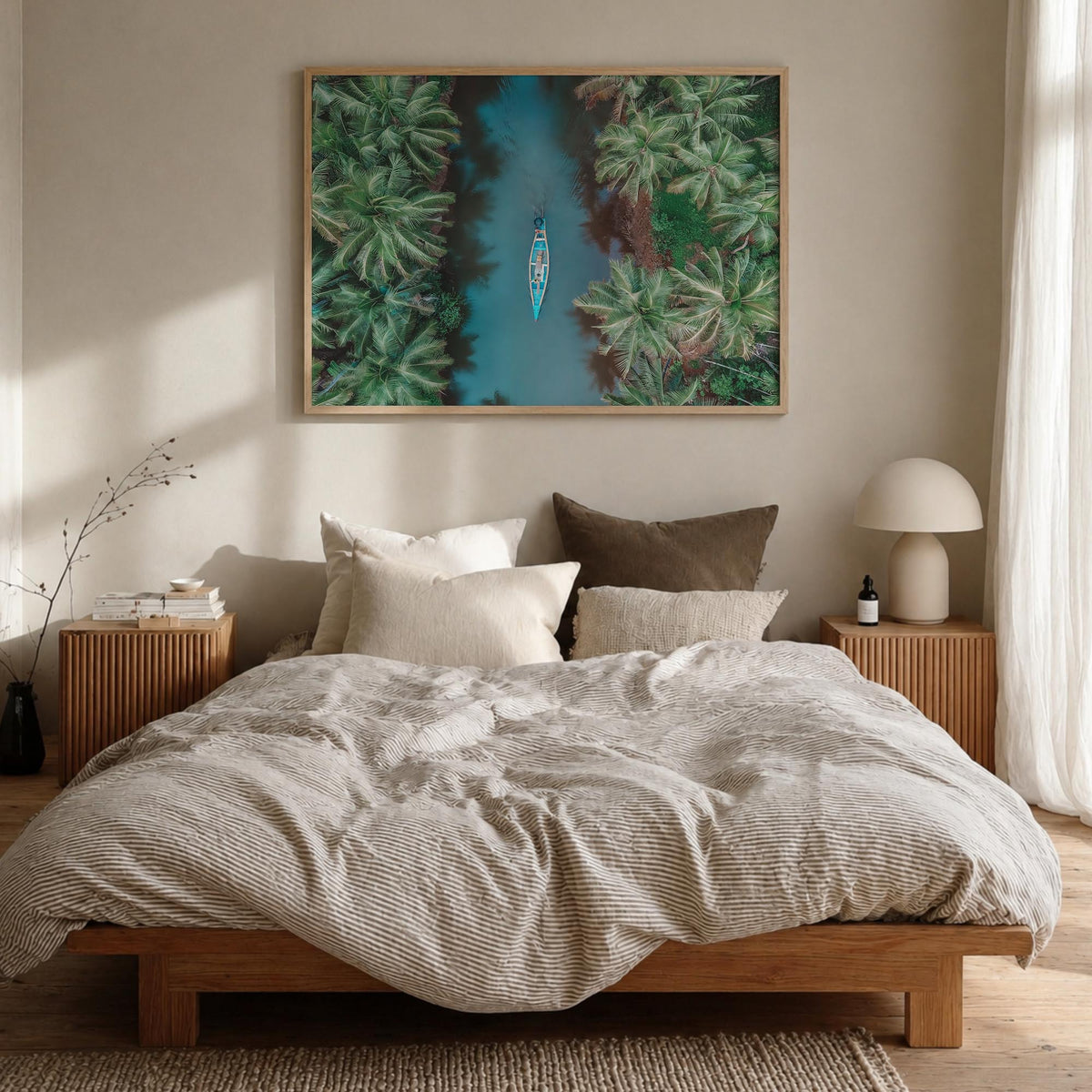 Kerala colorful photo poster of India – horizontal wall art in natural wood frame, hanging on wall