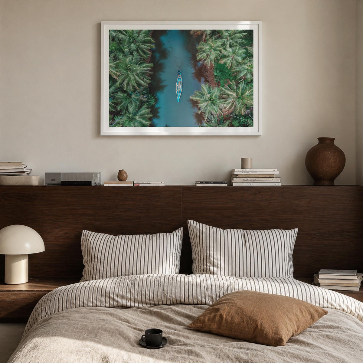 Kerala colorful photo poster of India – horizontal wall art in white wood frame with white border, hanging on wall