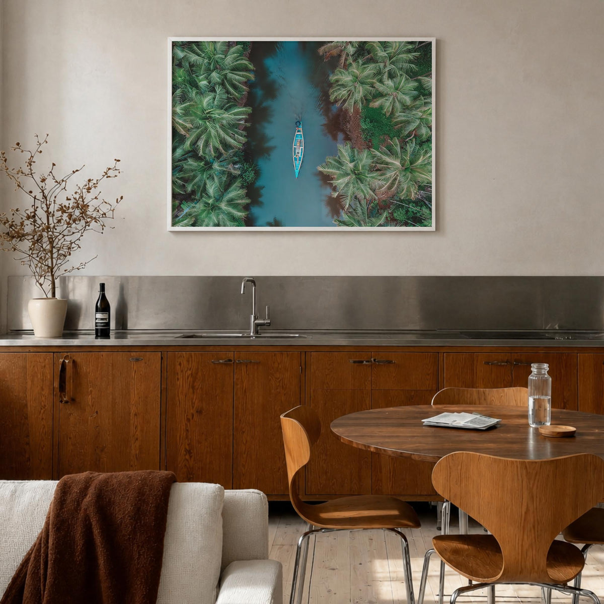 Kerala colorful photo poster of India – horizontal wall art in white wood frame, hanging on wall