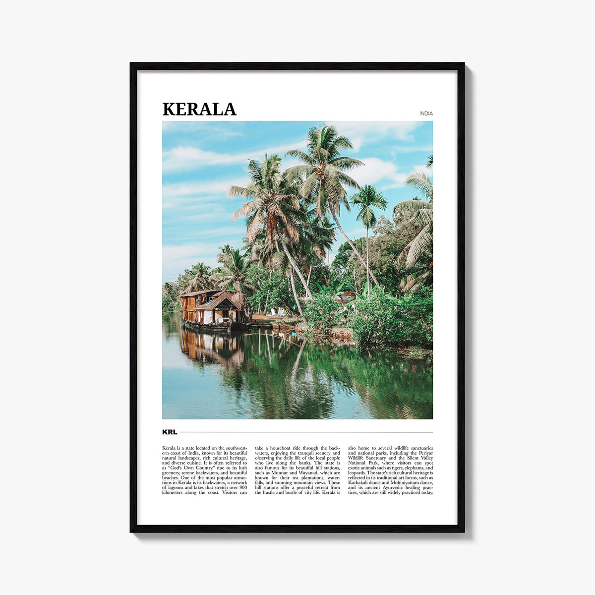 Kerala colorful travel poster of India – vertical wall art, unframed print shown in interior mockup