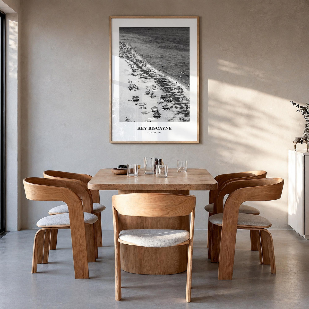 Key Biscayne black & white classic poster of Florida, USA – vertical wall art in natural wood frame, hanging on wall