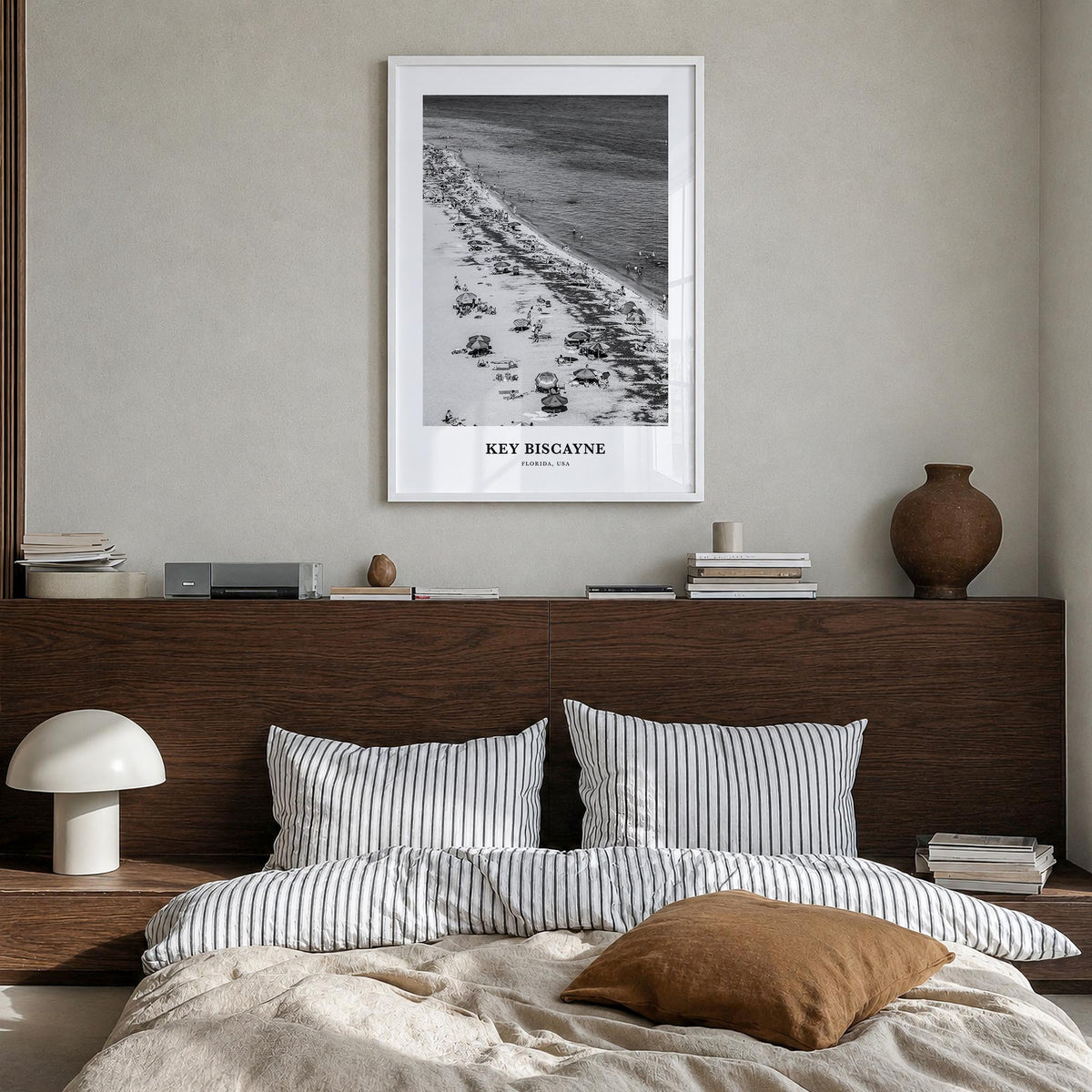 Key Biscayne black & white classic poster of Florida, USA – vertical wall art in white wood frame, hanging on wall