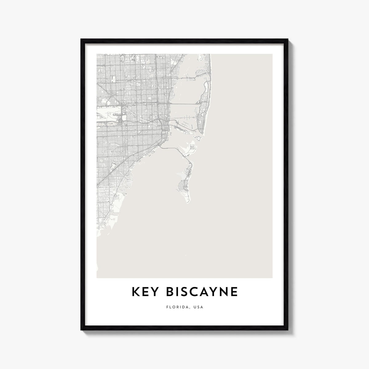 Key Biscayne black & white map poster of Florida, USA – vertical wall art, unframed print shown in interior mockup