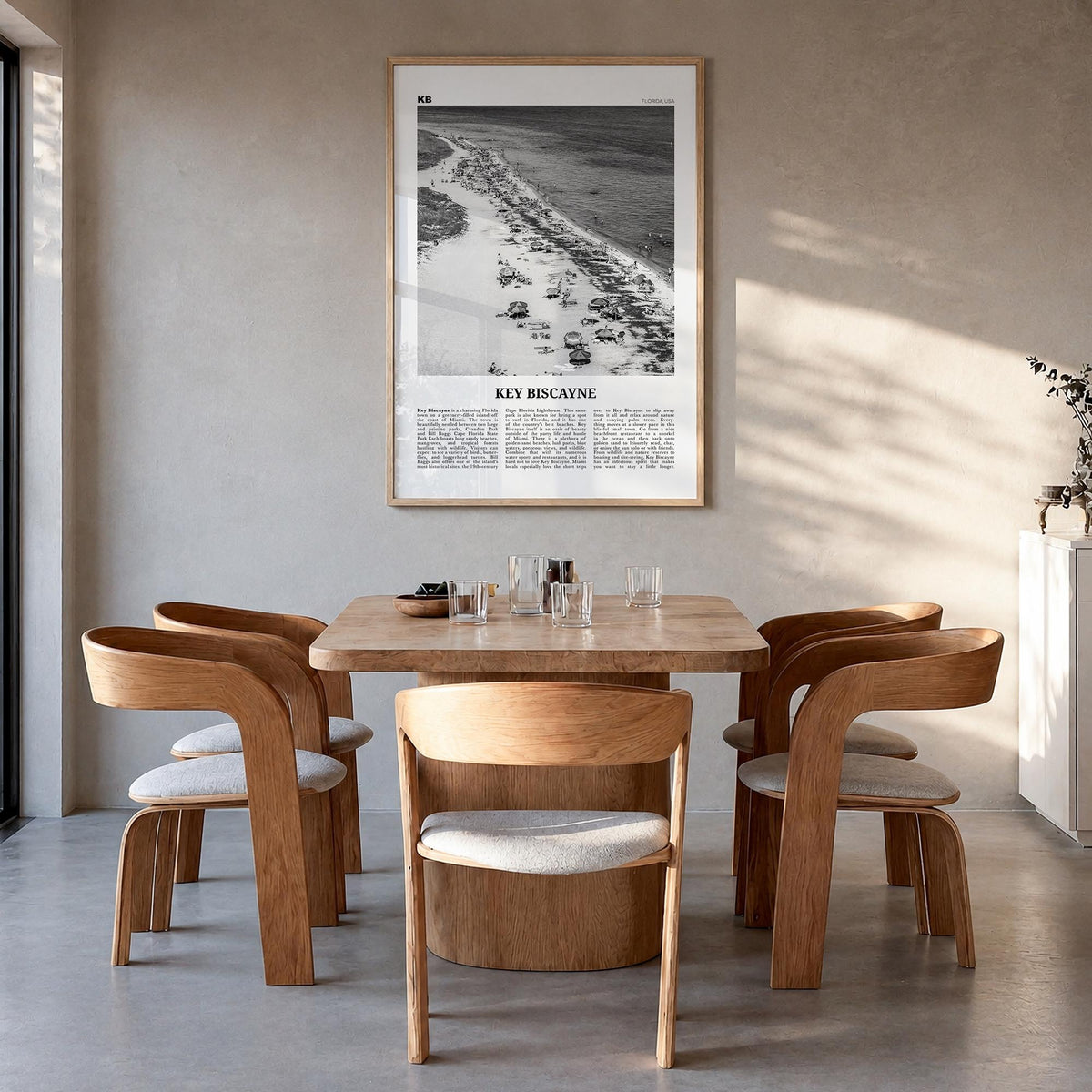 Key Biscayne black & white newspaper poster of Florida, USA – vertical wall art in natural wood frame, hanging on wall