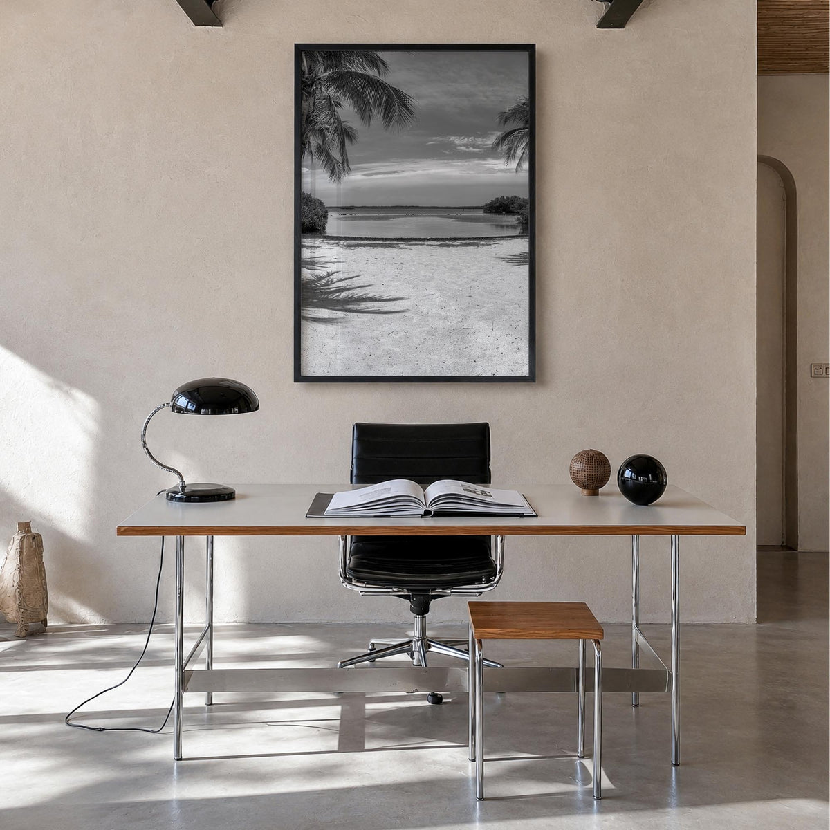 Key Largo black & white photo poster of Florida, USA – vertical wall art in black wood frame, hanging on wall