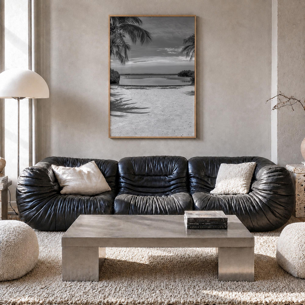 Key Largo black & white photo poster of Florida, USA – vertical wall art in natural wood frame, hanging on wall