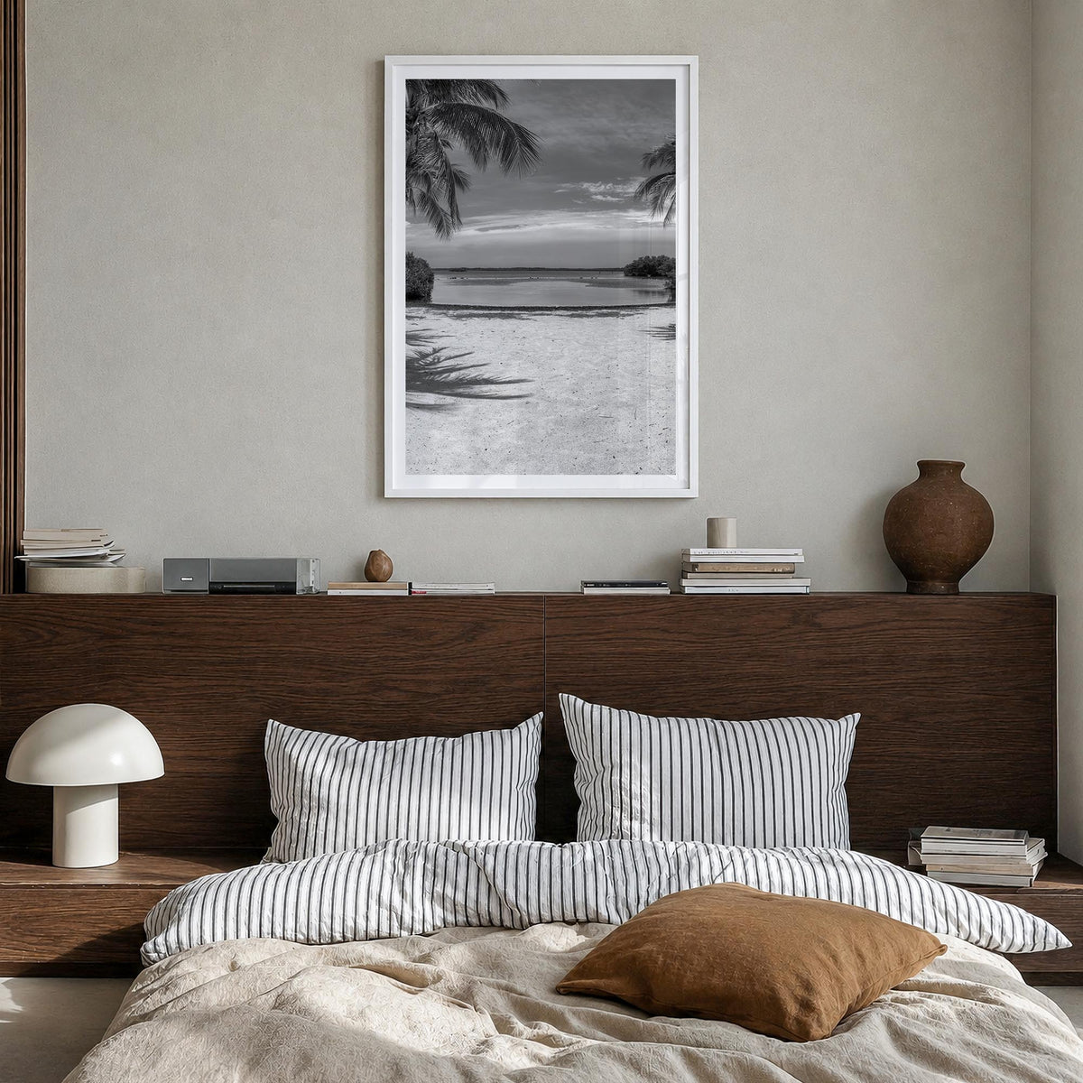 Key Largo black & white photo poster of Florida, USA – vertical wall art in white wood frame with white border, hanging on wa