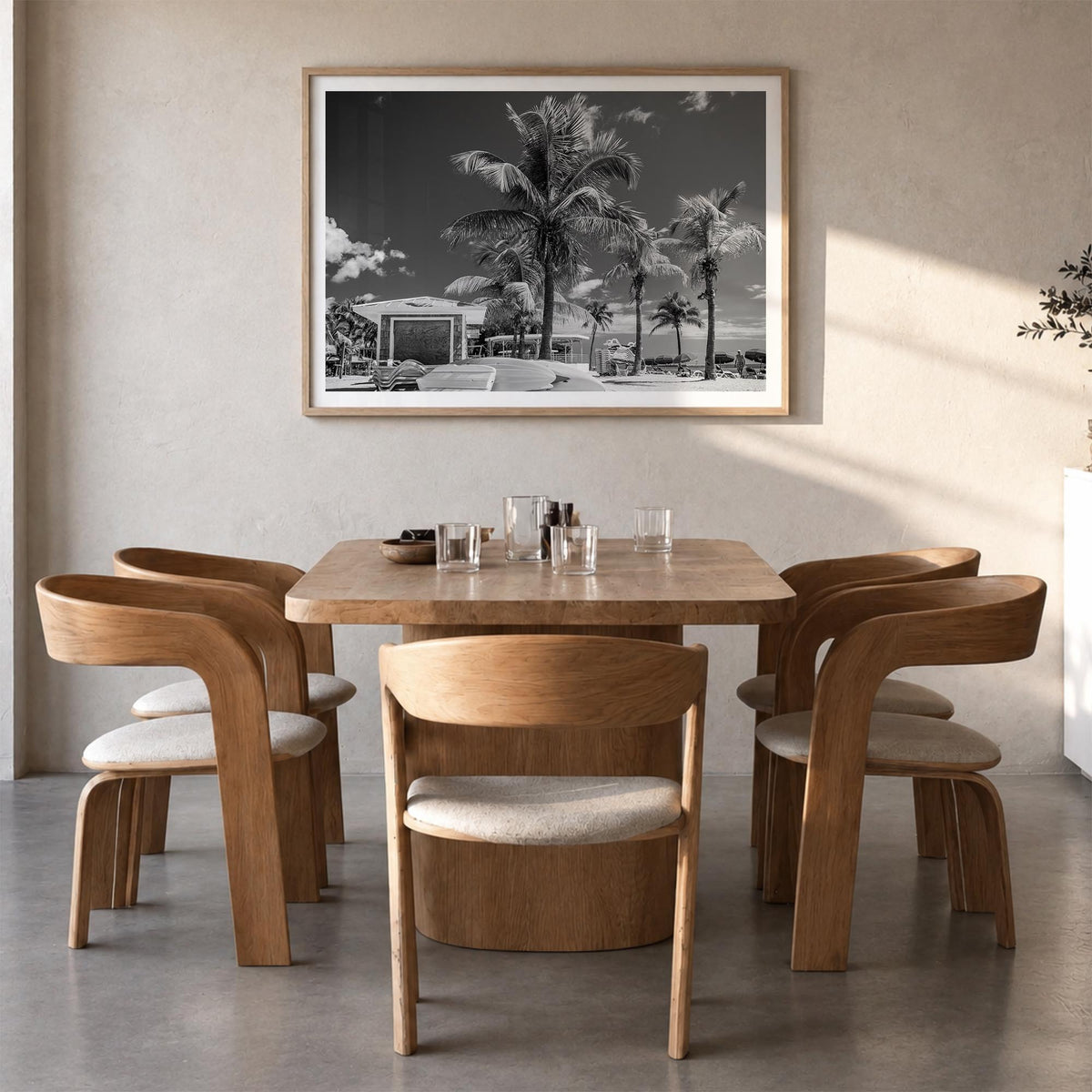 Key West black & white photo poster of Florida, USA – horizontal wall art in natural wood frame with white border, hanging on