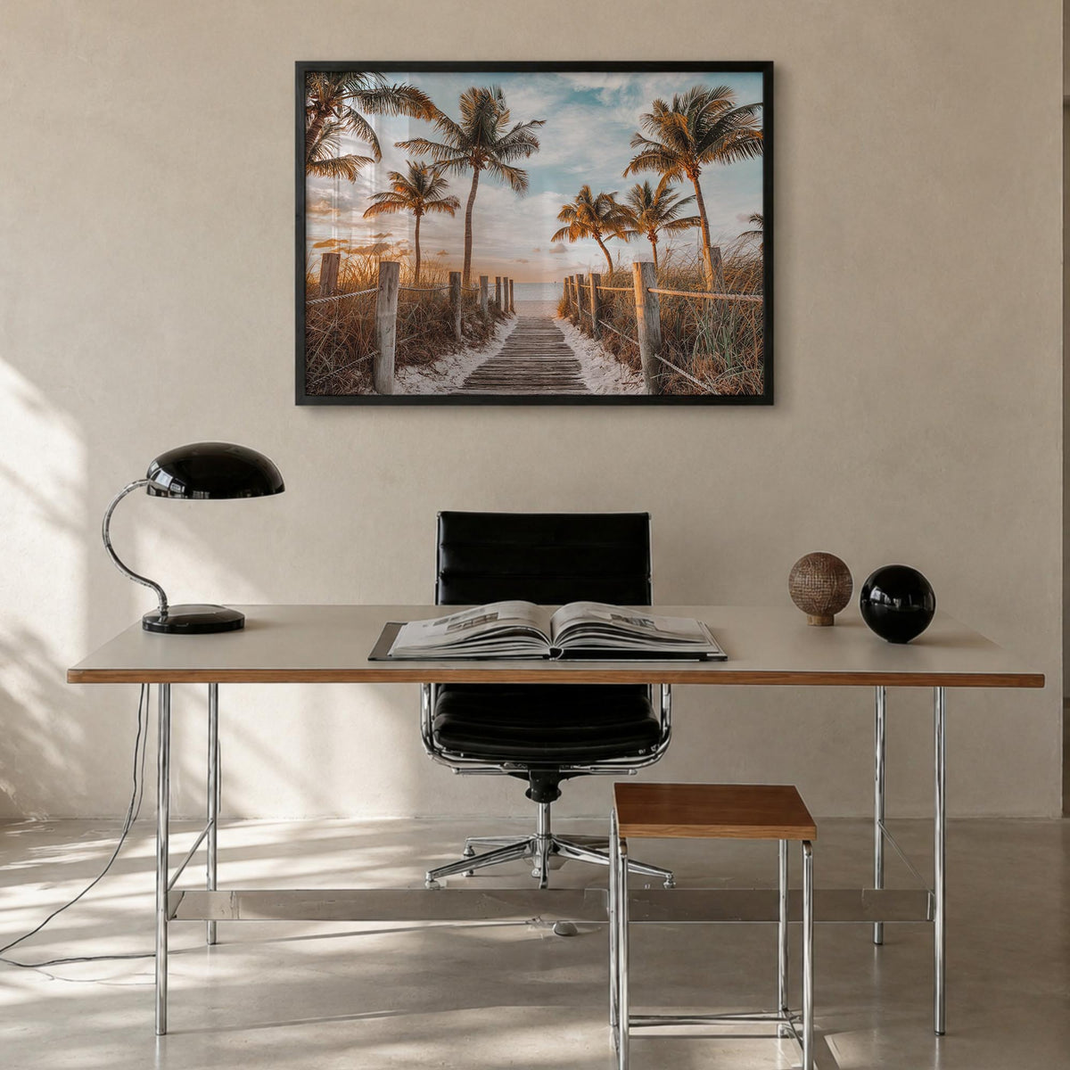 Key West colorful photo poster of Florida, USA – horizontal wall art in black wood frame, hanging on wall
