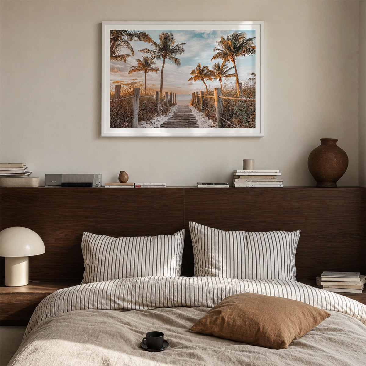 Key West colorful photo poster of Florida, USA – horizontal wall art in white wood frame with white border, hanging on wall