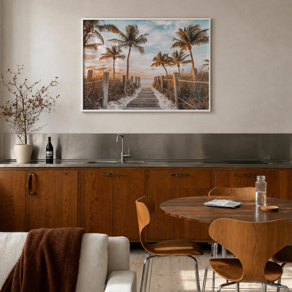 Key West colorful photo poster of Florida, USA – horizontal wall art in white wood frame, hanging on wall