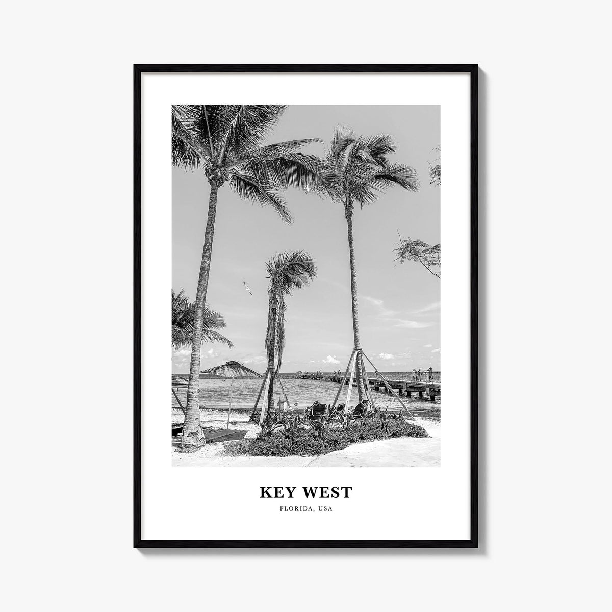 Key West no. 1 black & white classic poster of Florida, USA – vertical wall art, unframed print shown in interior mockup