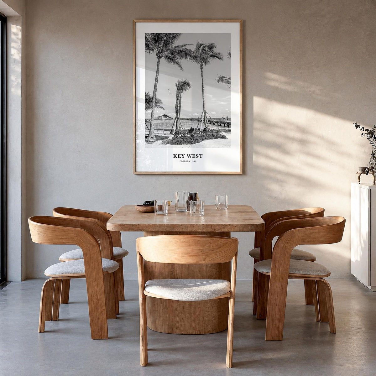 Key West no. 1 black & white classic poster of Florida, USA – vertical wall art in natural wood frame, hanging on wall