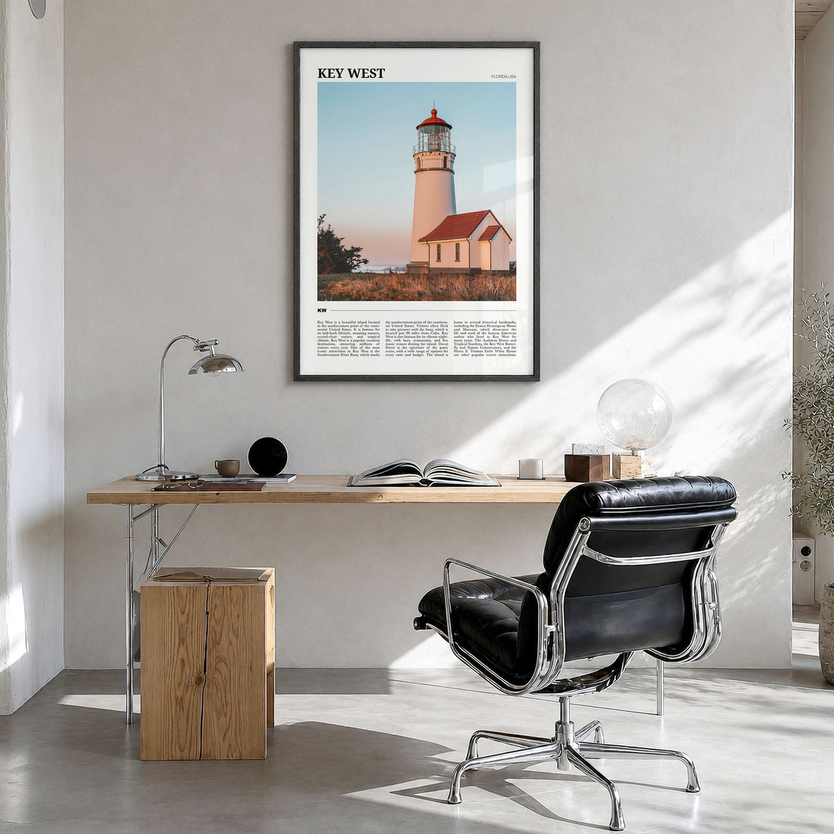 Key West Travel Poster in a black wood frame, hanging in a bright home office