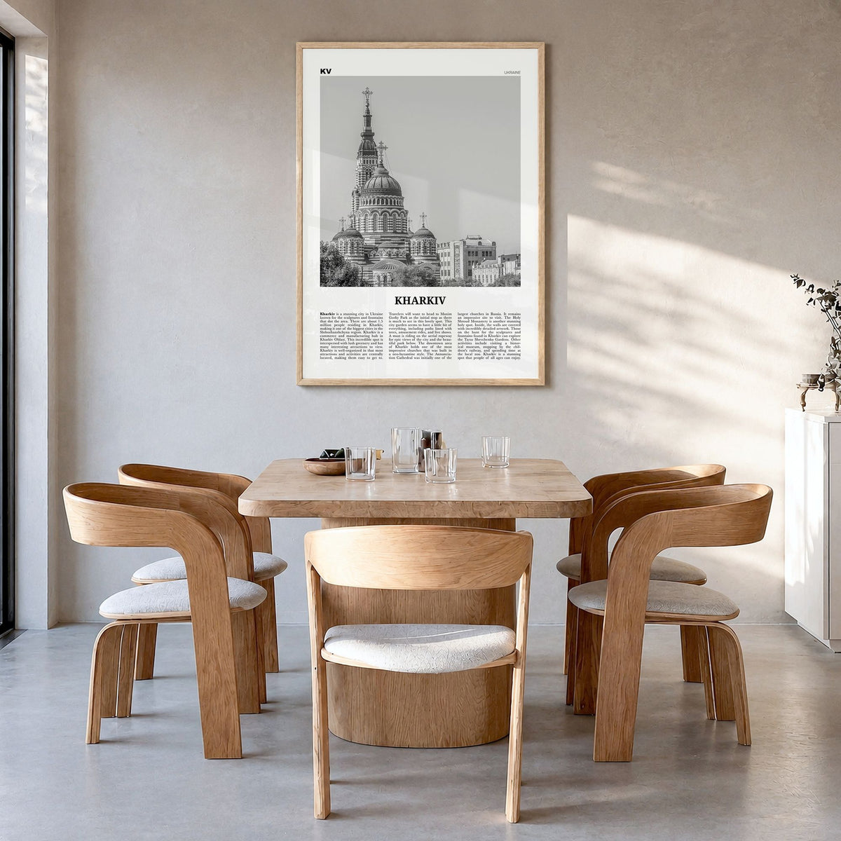 Kharkiv Newspaper Poster in a natural wood frame, hanging in a dining room