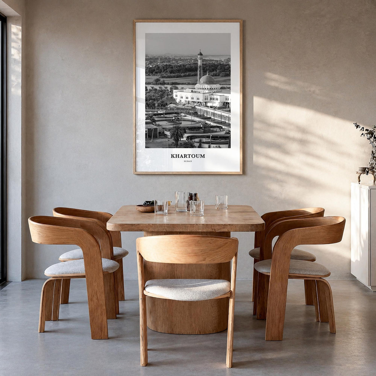 Khartoum black & white classic poster of Sudan – vertical wall art in natural wood frame, hanging on wall