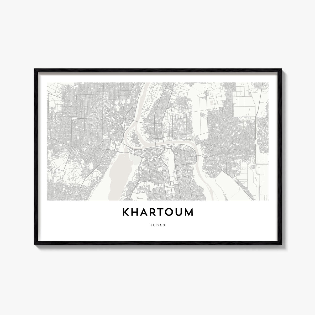 Khartoum black & white map poster of Sudan – horizontal wall art, unframed print shown in interior mockup