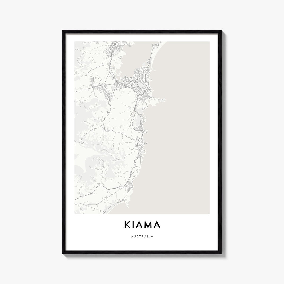 Kiama black & white map poster of Australia – vertical wall art, unframed print shown in interior mockup