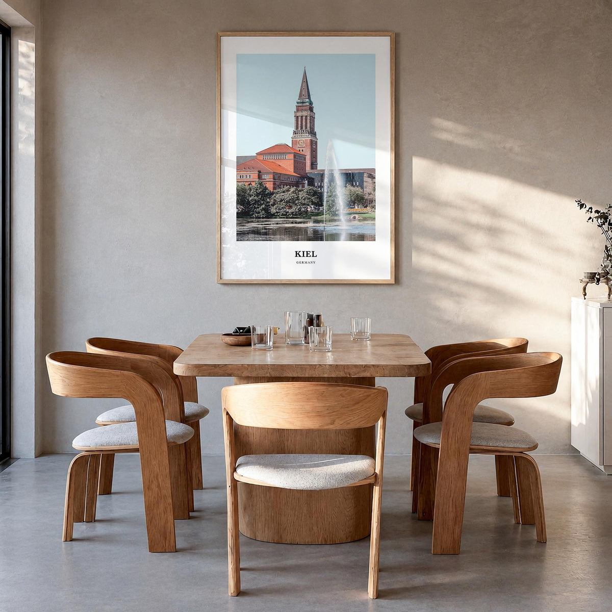 Kiel colorful classic poster of Germany – vertical wall art in natural wood frame, hanging on wall