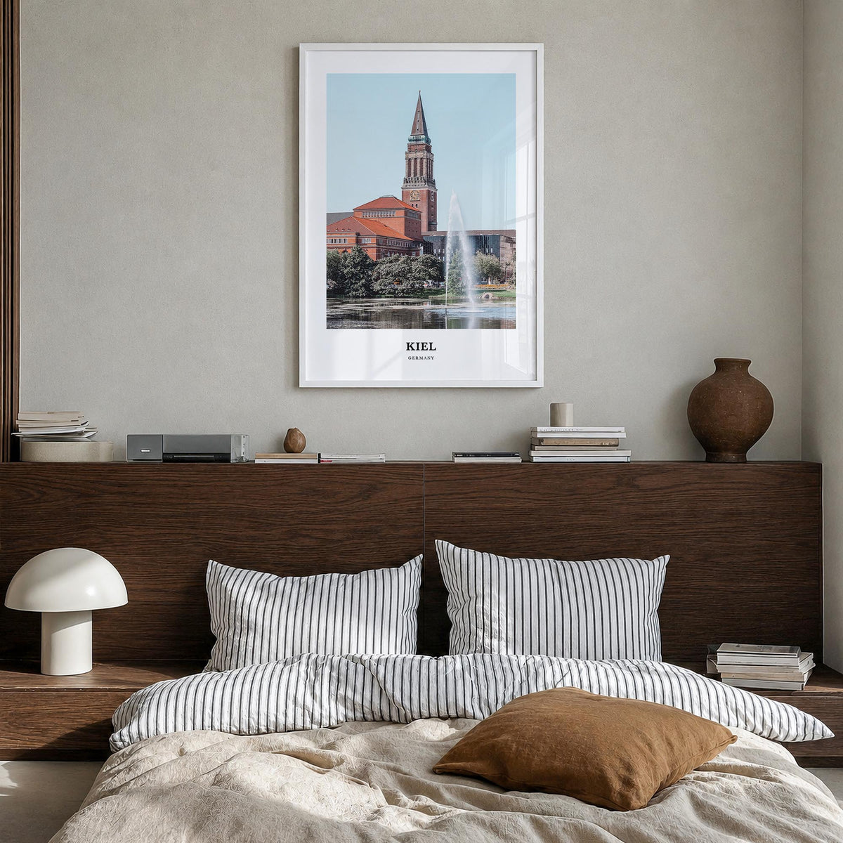 Kiel colorful classic poster of Germany – vertical wall art in white wood frame, hanging on wall