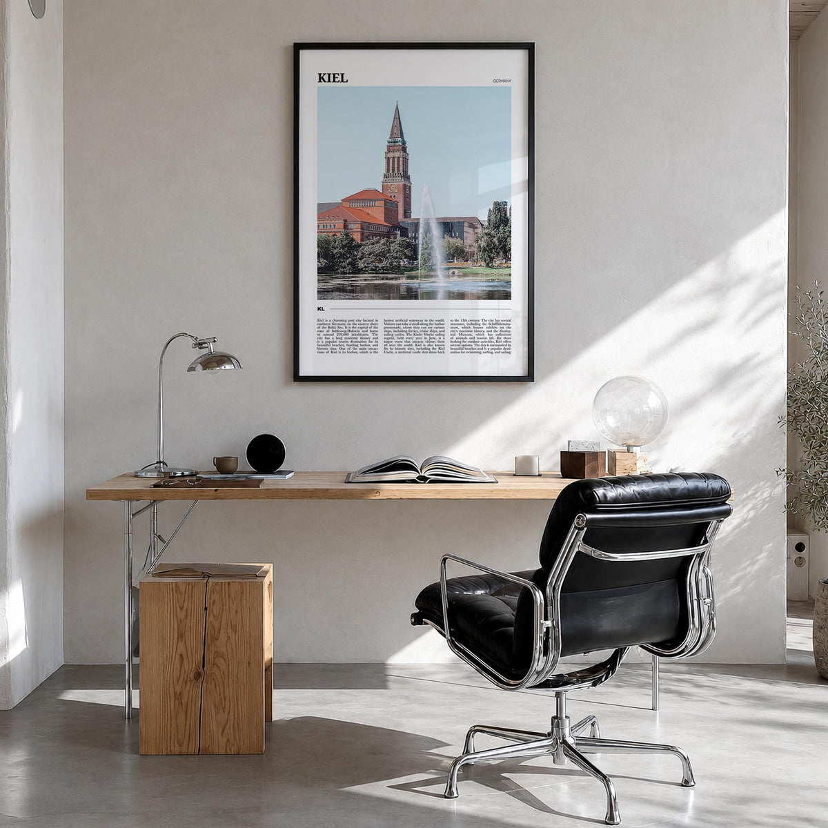 Kiel colorful travel poster of Germany – vertical wall art in black wood frame, hanging on wall