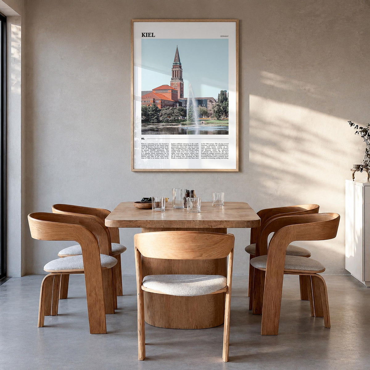 Kiel colorful travel poster of Germany – vertical wall art in natural wood frame, hanging on wall