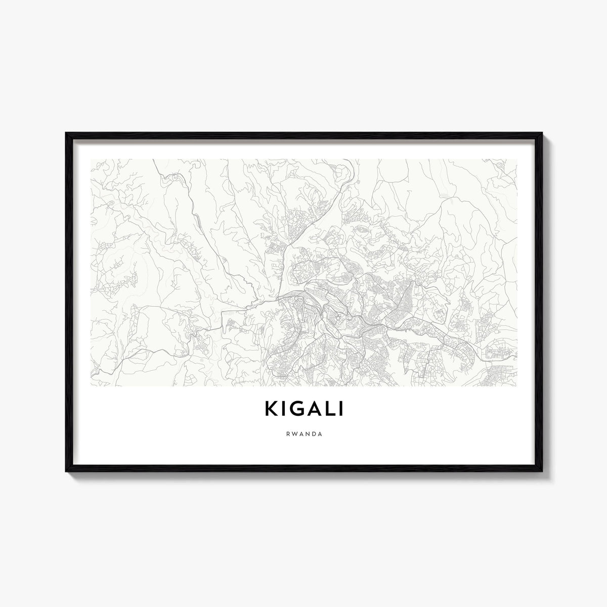 Kigali black & white map poster of Rwanda – horizontal wall art, unframed print shown in interior mockup