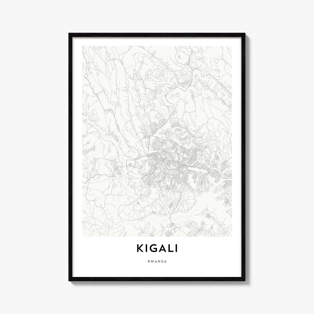 Kigali black & white map poster of Rwanda – vertical wall art, unframed print shown in interior mockup
