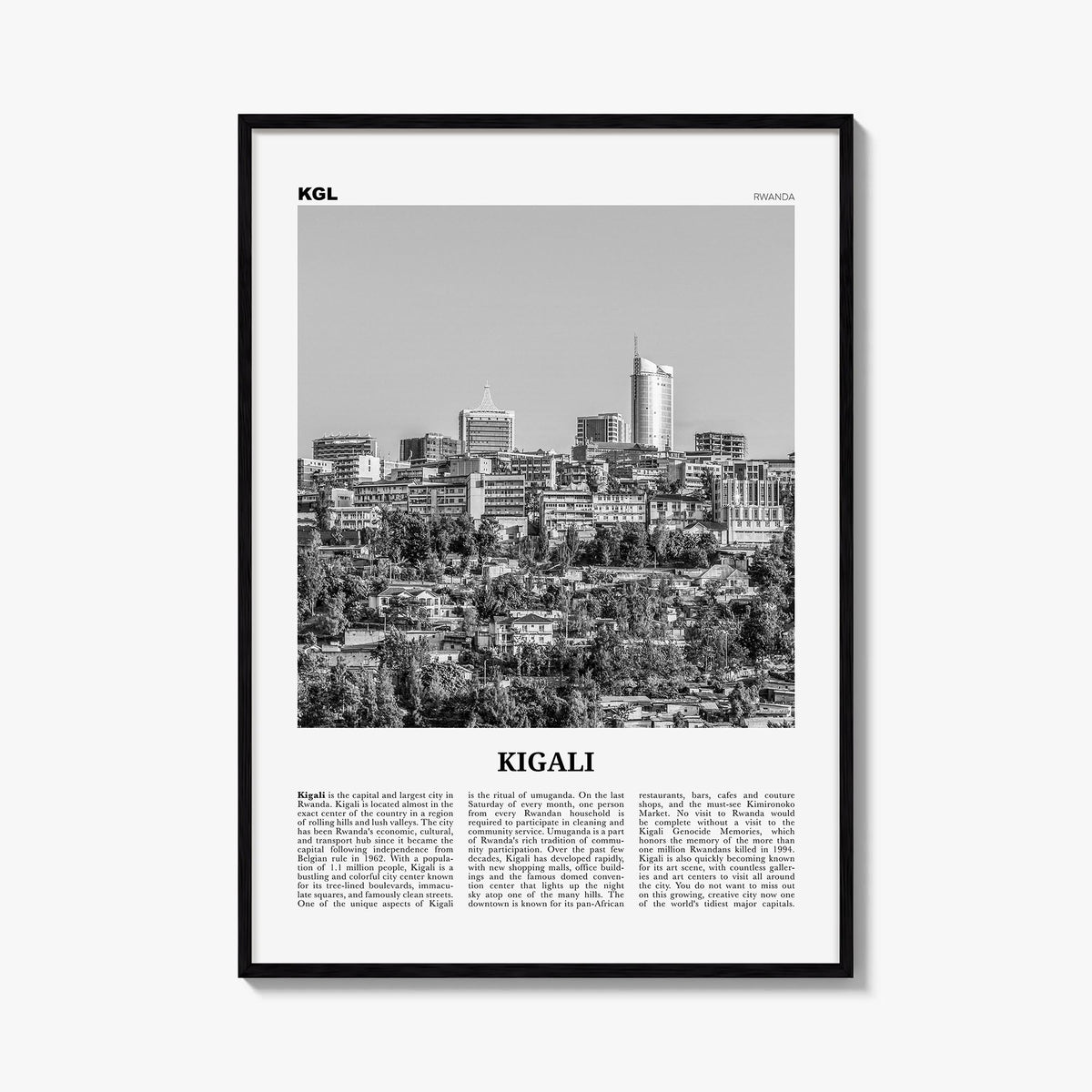 Kigali black & white newspaper poster of Rwanda – vertical wall art, unframed print shown in interior mockup
