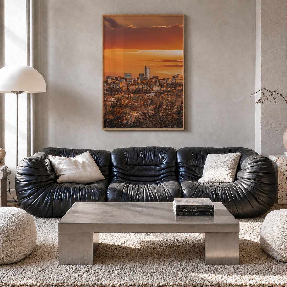 Kigali colorful photo poster of Rwanda – vertical wall art in natural wood frame, hanging on wall