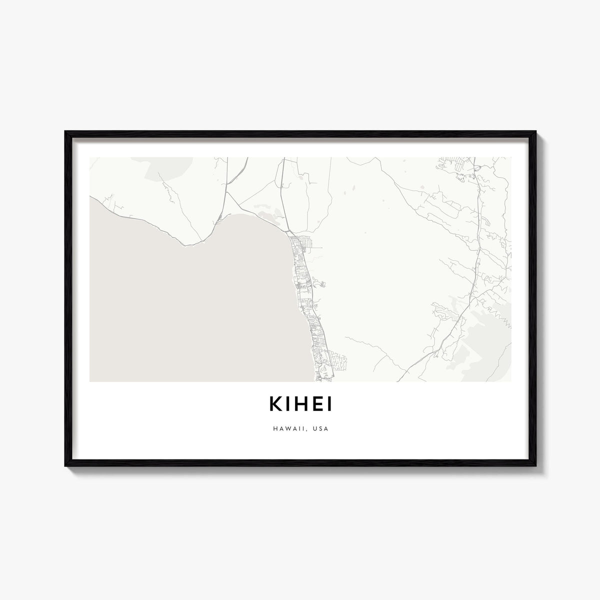 Kihei black & white map poster of Hawaii, USA – horizontal wall art, unframed print shown in interior mockup