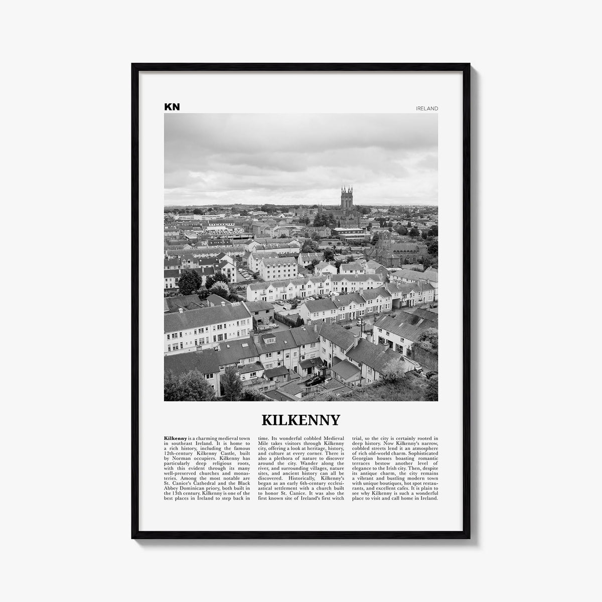 Kilkenny black & white newspaper poster of Ireland – vertical wall art, unframed print shown in interior mockup