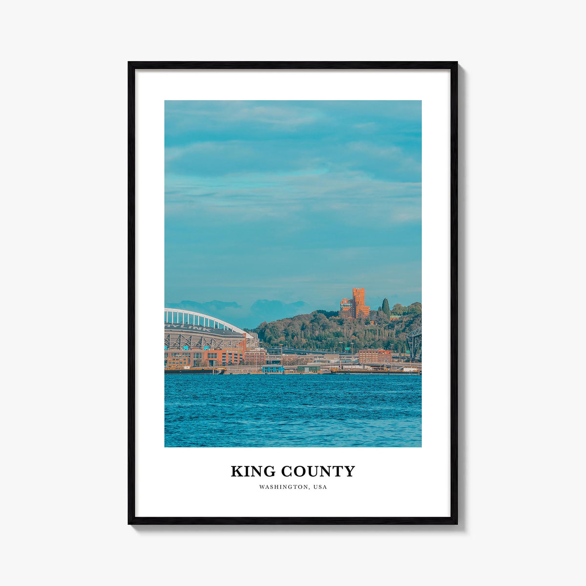 King County colorful classic poster of Washington, USA – vertical wall art, unframed print shown in interior mockup
