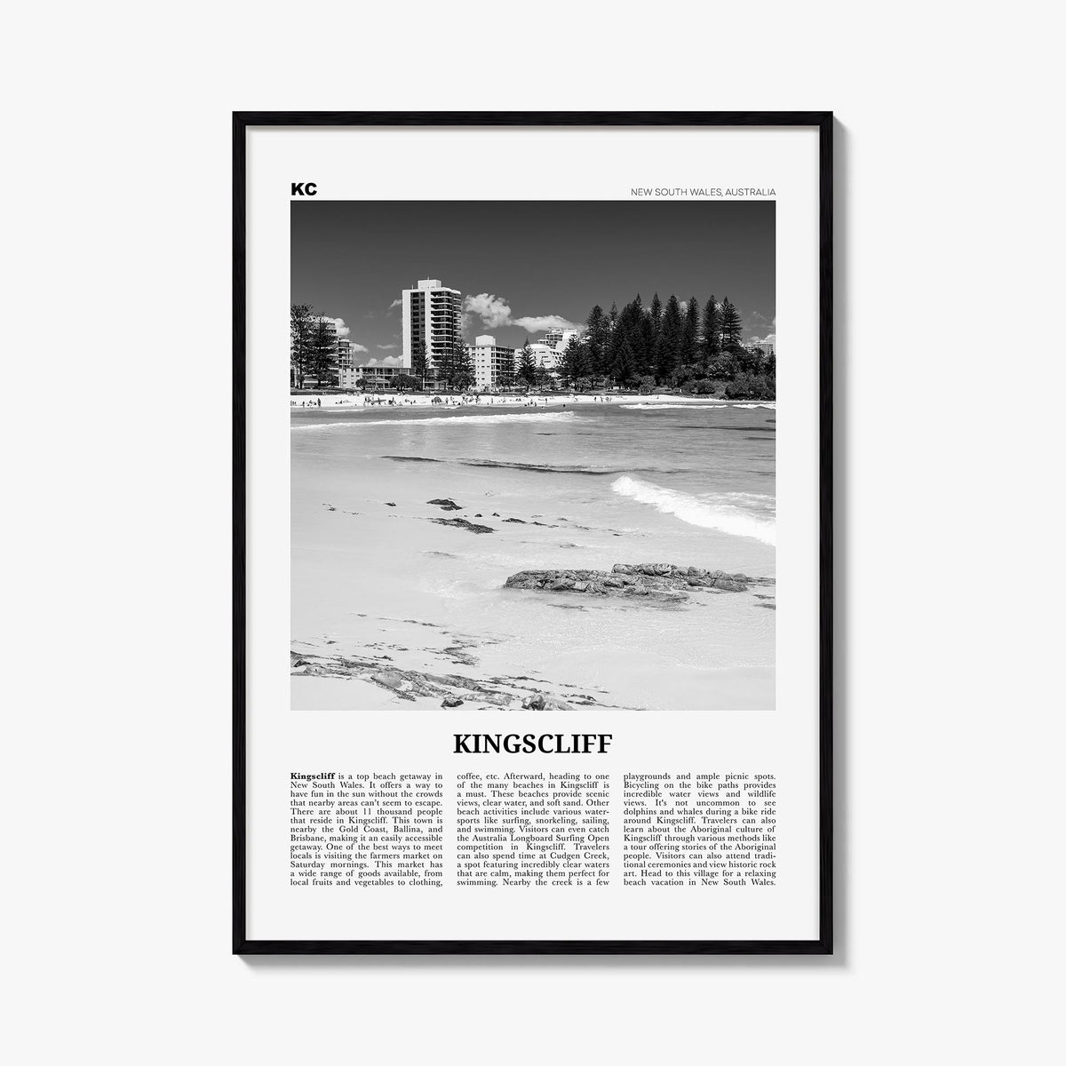 Kingscliff black & white newspaper poster of Australia – vertical wall art, unframed print shown in interior mockup
