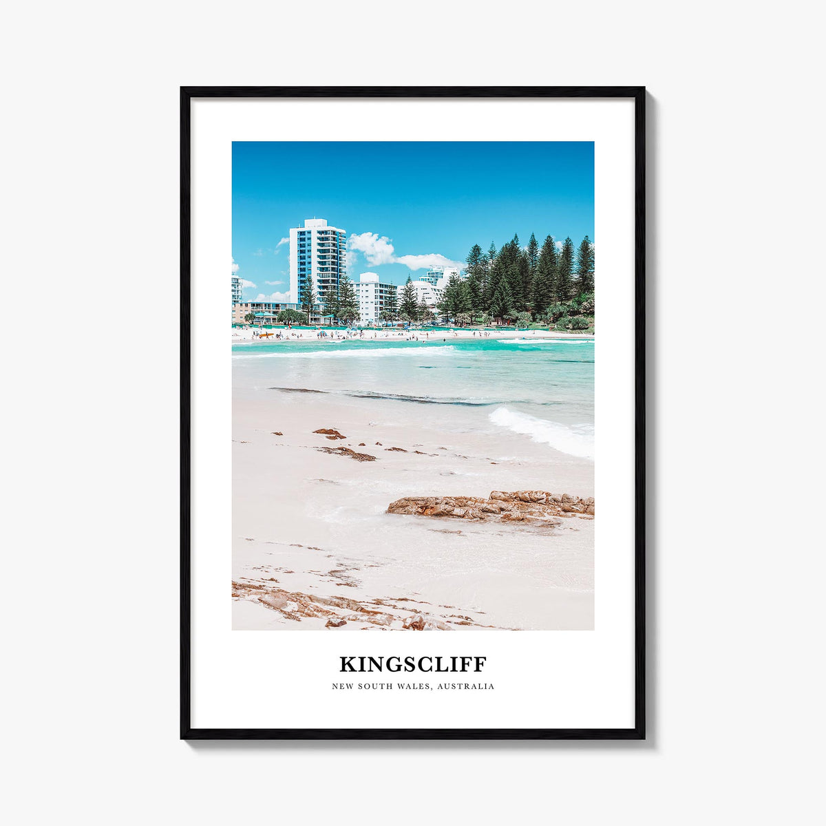 Kingscliff colorful classic poster of Australia – vertical wall art, unframed print shown in interior mockup