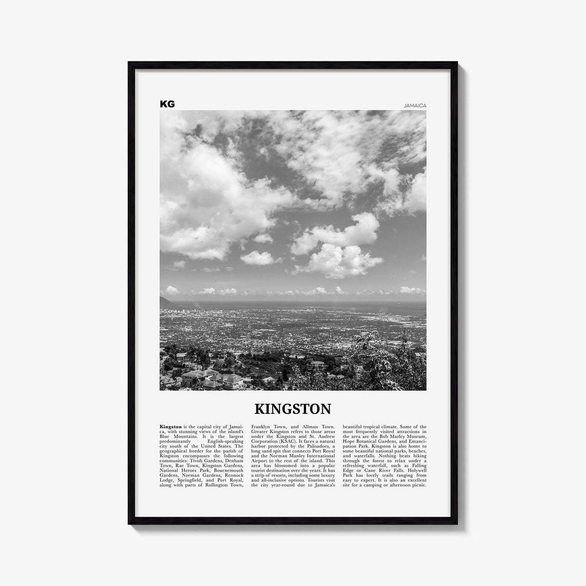 Kingston, Jamaica black & white newspaper poster of Jamaica – vertical wall art, unframed print shown in interior mockup