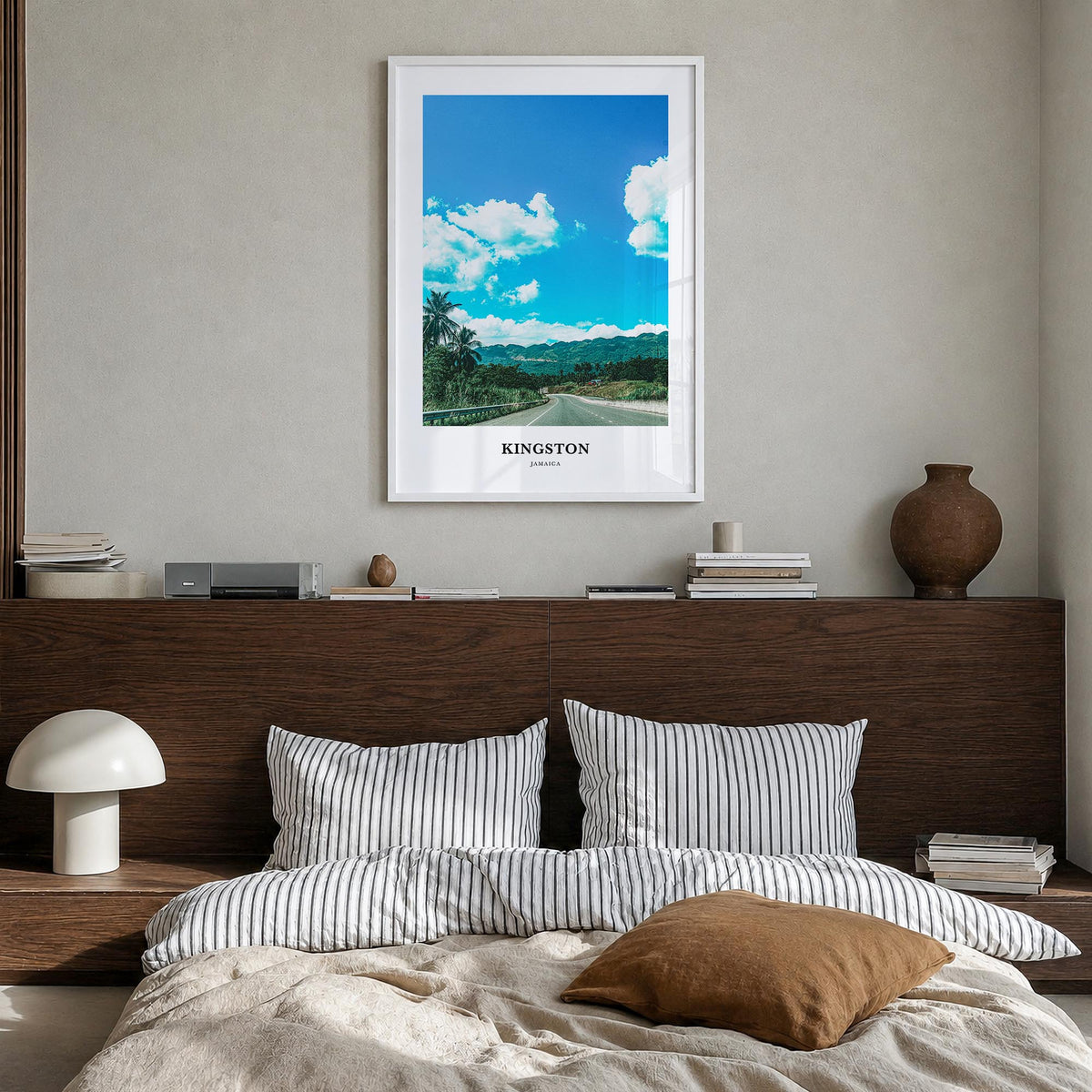 Kingston, Jamaica colorful classic poster of Jamaica – vertical wall art in white wood frame, hanging on wall