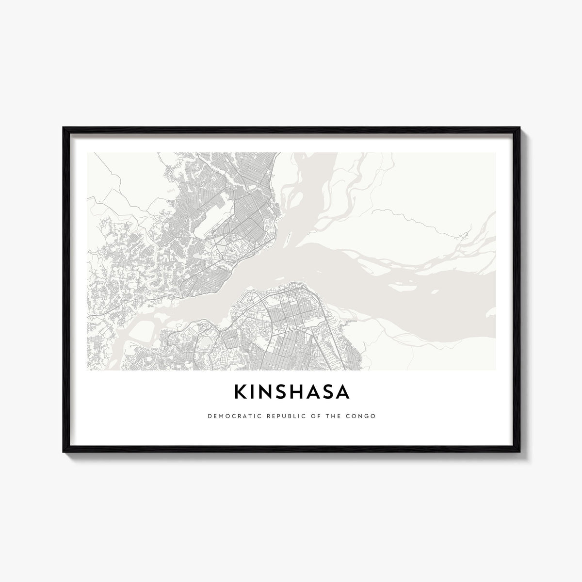 Kinshasa black & white map poster of Democratic Republic of the Congo – horizontal wall art, unframed print shown in interior