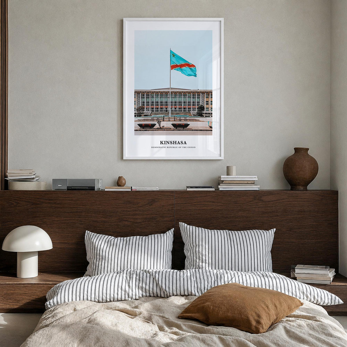 Kinshasa colorful classic poster of Democratic Republic of the Congo – vertical wall art in white wood frame, hanging on wall