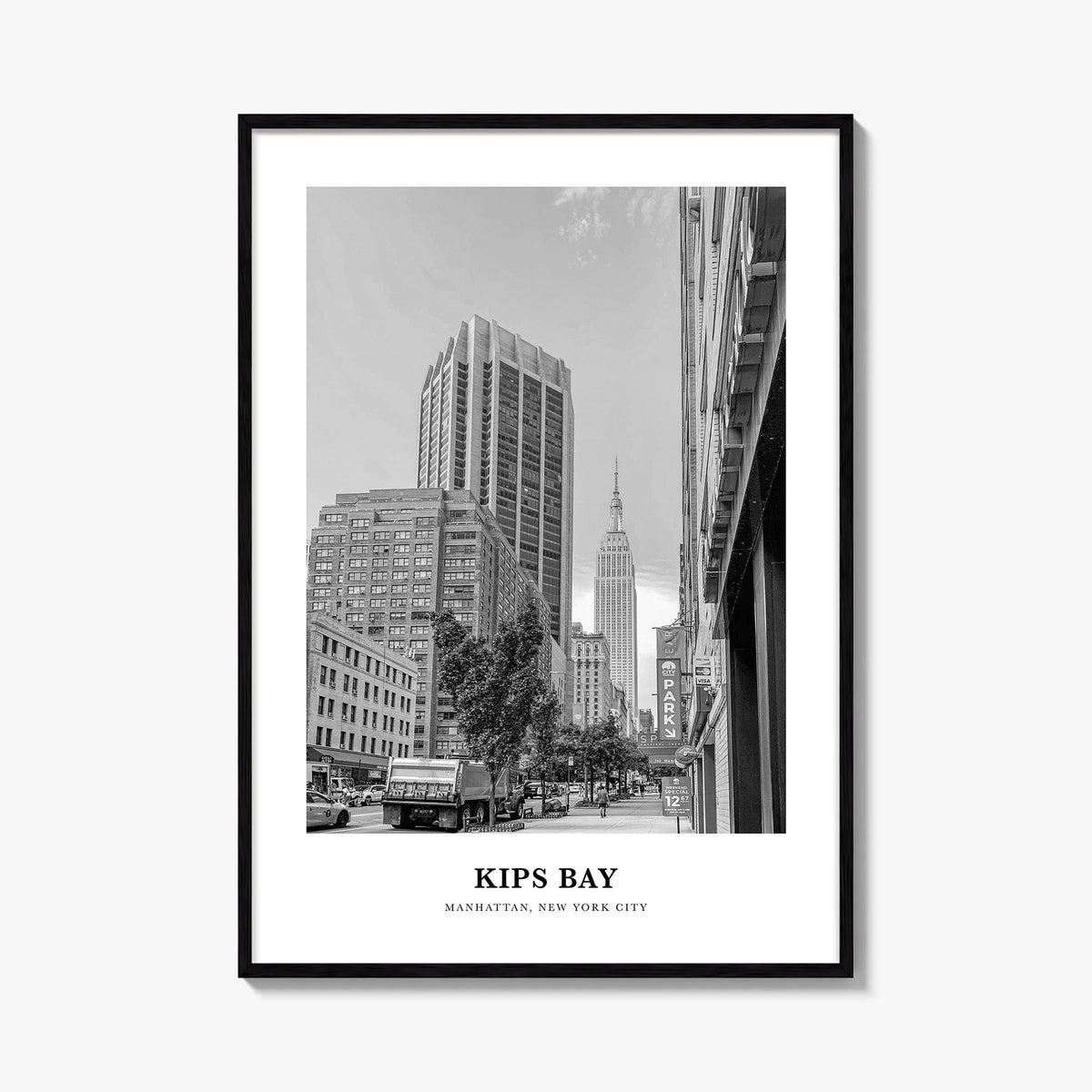 Kips Bay black & white classic poster of New York, USA – vertical wall art, unframed print shown in interior mockup