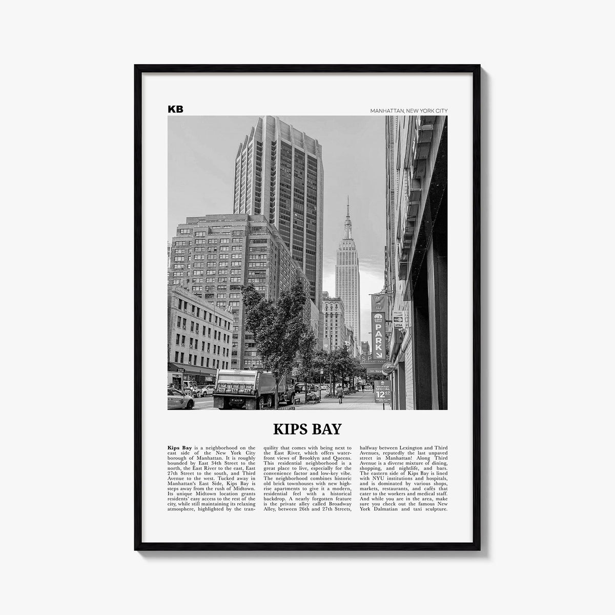 Kips Bay black & white newspaper poster of New York, USA – vertical wall art, unframed print shown in interior mockup