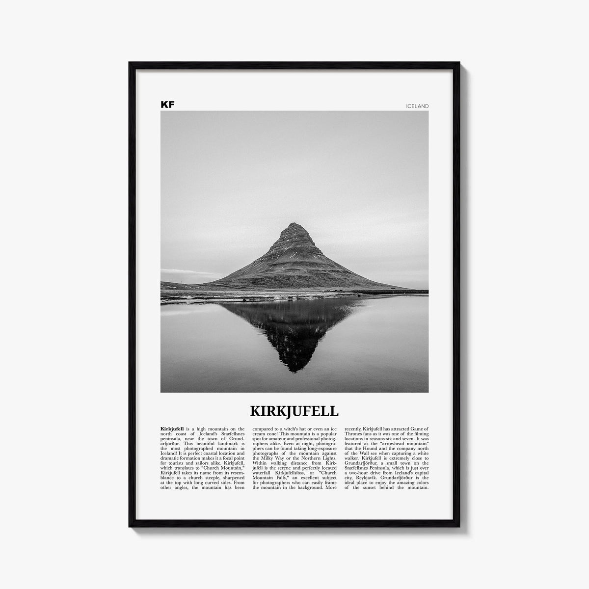 Kirkjufell black & white newspaper poster of Iceland – vertical wall art, unframed print shown in interior mockup