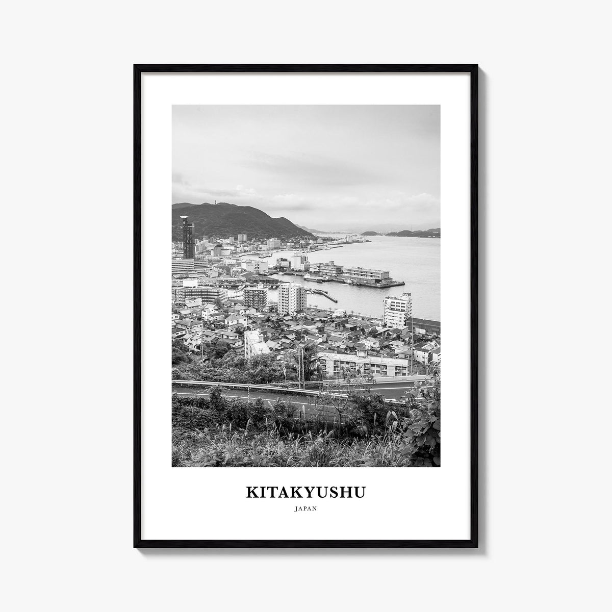 Kitakyushu black & white classic poster of Japan – vertical wall art, unframed print shown in interior mockup
