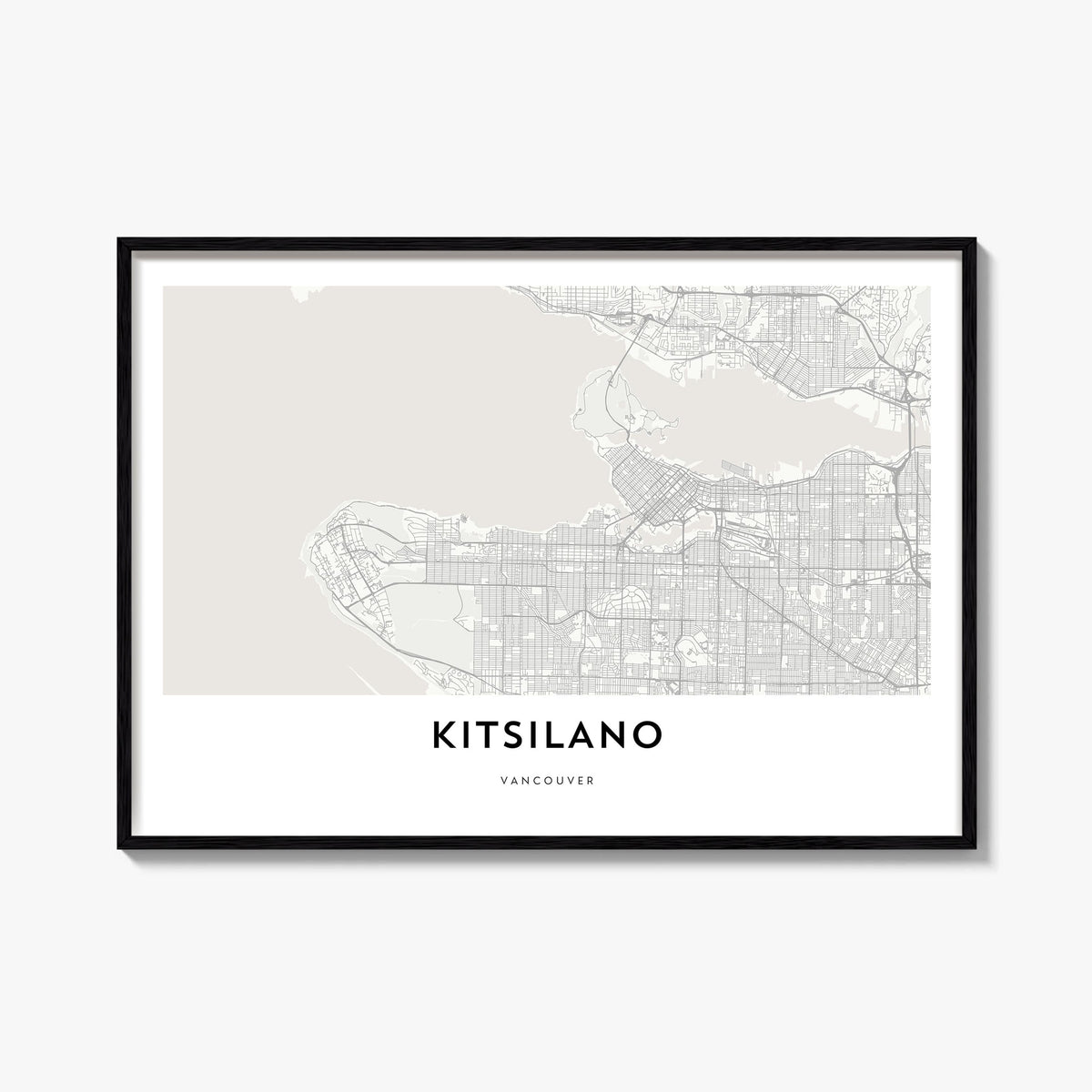 Kitsilano black & white map poster of Vancouver, British Columbia – horizontal wall art, unframed print shown in interior moc